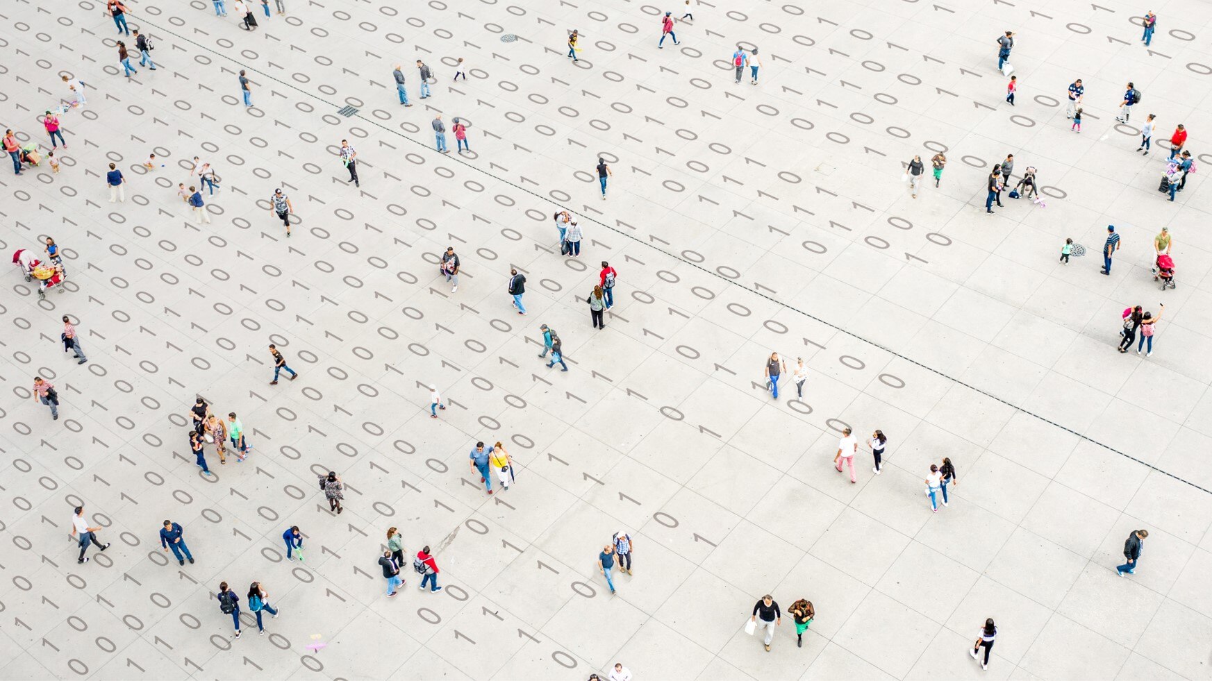 People walking on data and numbers