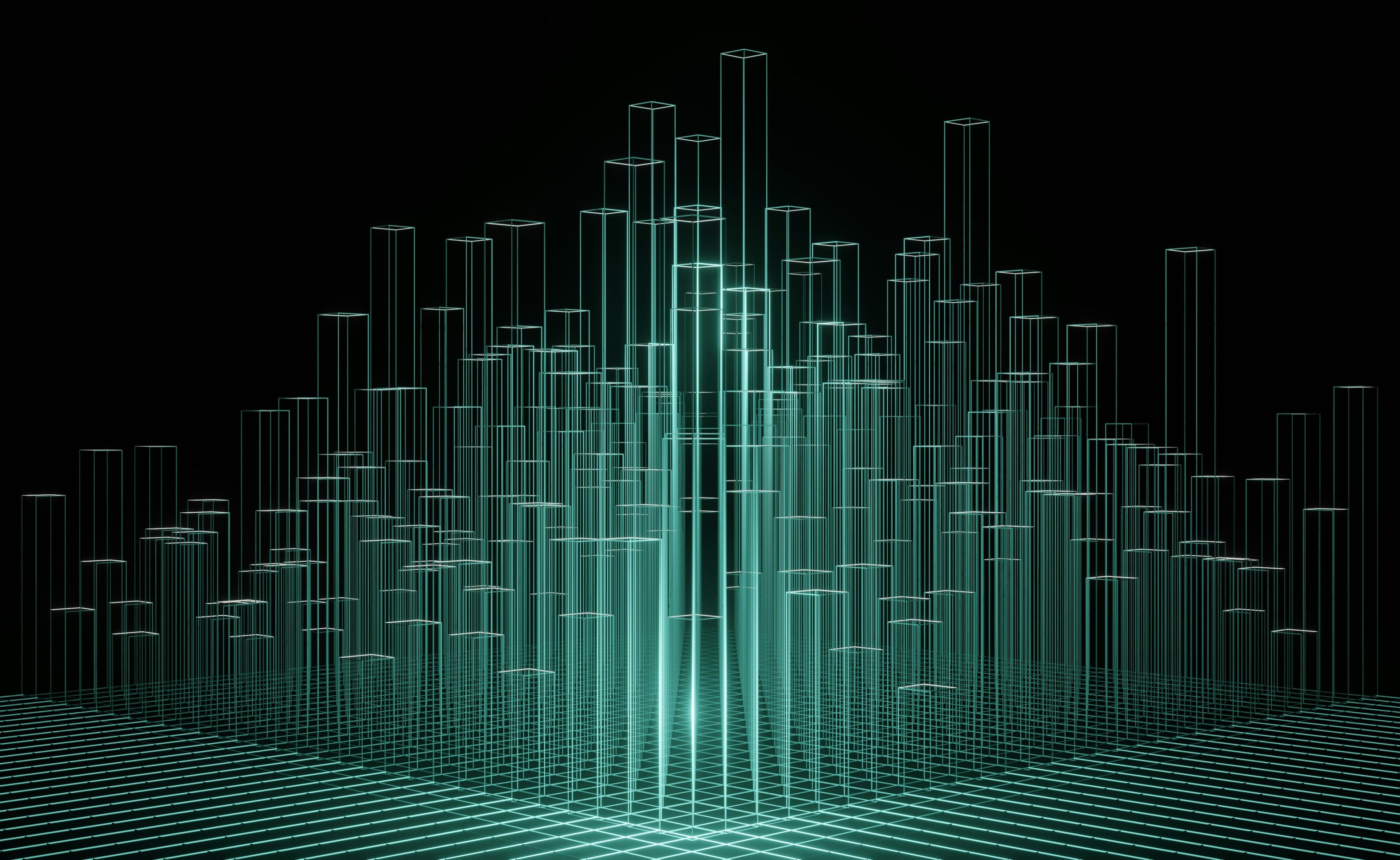 Abstract wireframe illustration of a futuristic digital city skyline, made of glowing turquoise line-art skyscrapers of varying heights against a black background, symbolizing data and digital transformation